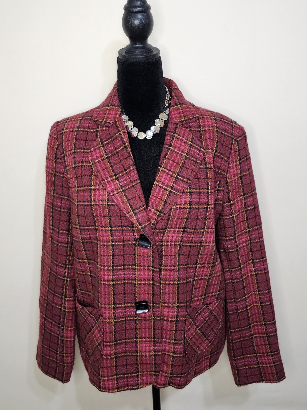 RQT Vintage Plaid Blazer Tweed Academic Prep Two-Button Pink Red Multi Sz 16
